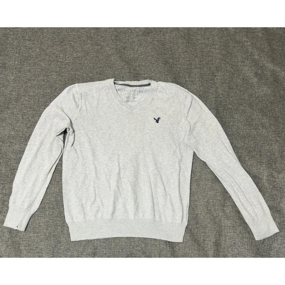 American Eagle Mens M V-Neck Sweater Gray Cotton Knit Pullover 3856